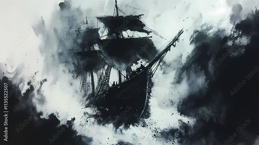 Fototapeta premium pirate ghost ship, trapped in an eternal storm, cursed crew, watercolor style. Eternal. Illustration