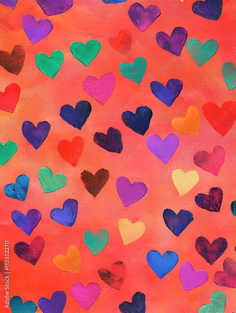 A vibrant background featuring colorful hearts on a bright red canvas. A vibrant background featuring colorful hearts on a bright red canvas.