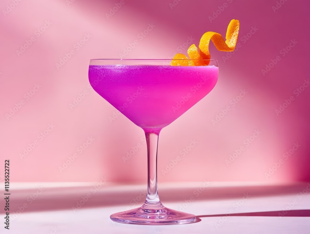 A vibrant pink cocktail garnished with a twist of orange peel in a stylish glass. A vibrant pink cocktail garnished with a twist of orange peel in a stylish glass.