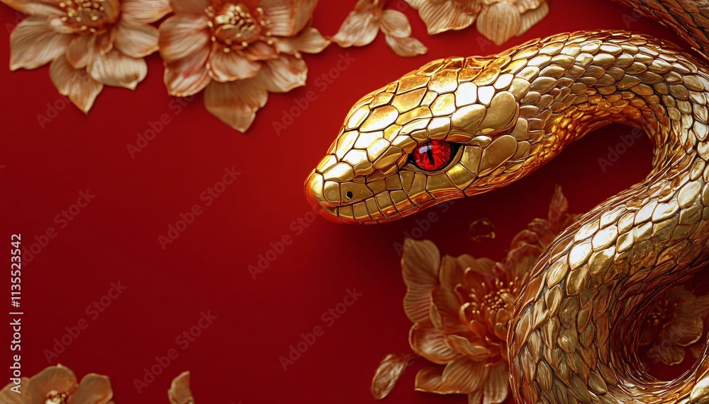 A luxurious golden serpent with red gemstone eyes on a rich red background, ideal for Chinese New Year celebrations, symbolism of power and elegance. A luxurious golden serpent with red gemstone eyes on a rich red background, ideal for Chinese New Year celebrations, symbolism of power and elegance.