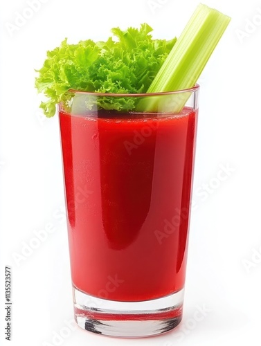 A vibrant red drink garnished with celery and lettuce, likely a vegetable-based cocktail.