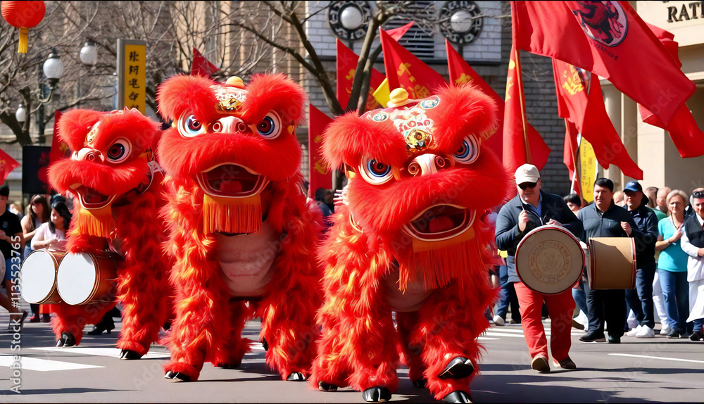 Naklejka premium A pair of Chinese lion dancers