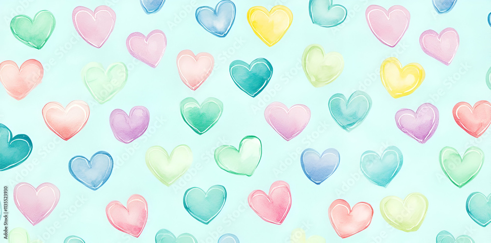 A colorful pattern featuring various pastel hearts on a light blue background. A colorful pattern featuring various pastel hearts on a light blue background.