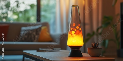 Vintage lava lamp casting warm orange and yellow glow, enhancing cozy ambiance on a stylish side table photo