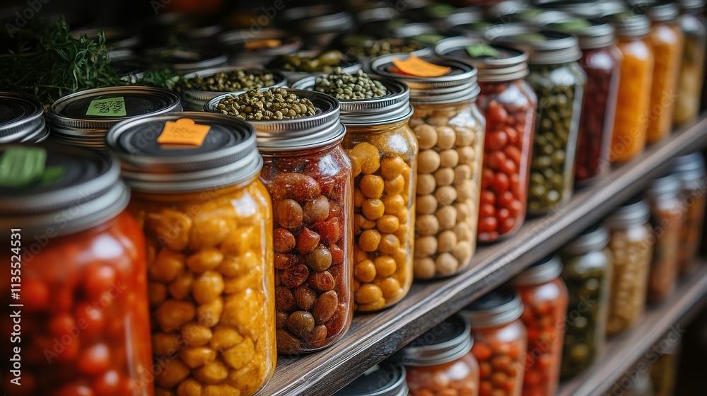 A display of various jars filled with pickled vegetables and olives on a shelf. A display of various jars filled with pickled vegetables and olives on a shelf.