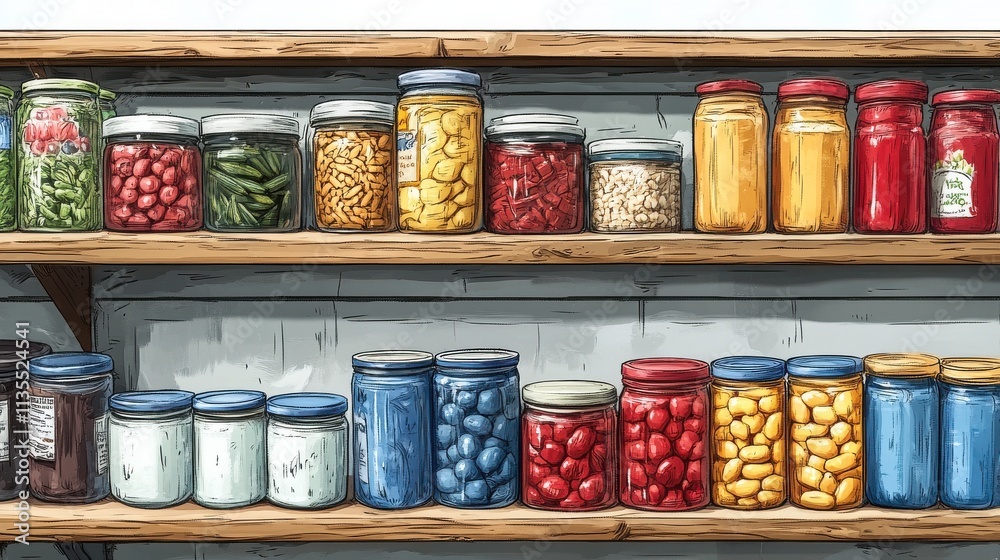 A shelf filled with various jars of preserved foods, showcasing a variety of colors and contents. A shelf filled with various jars of preserved foods, showcasing a variety of colors and contents.