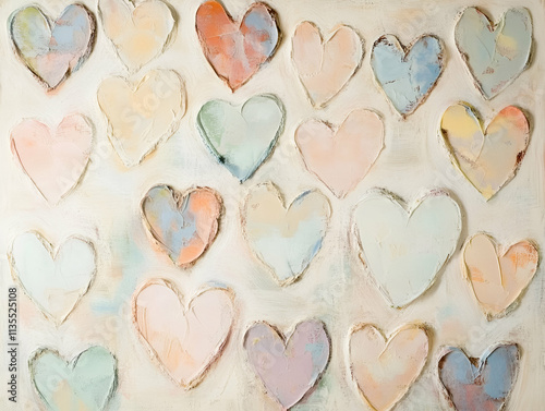 A colorful array of heart shapes in various pastel tones on a textured background.