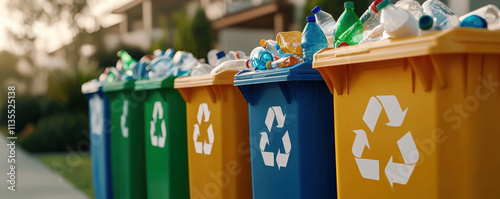 Recycle sustainability conservation renewal concept. A row of colorful recycling bins filled with plastic waste, promoting environmental sustainability and organized waste management.