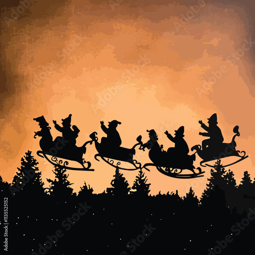 Santa and Helpers Silhouette Departing on Christmas Eve, Santa and His HelpersChristmas day, New Year's Eve, Happy New Year 
