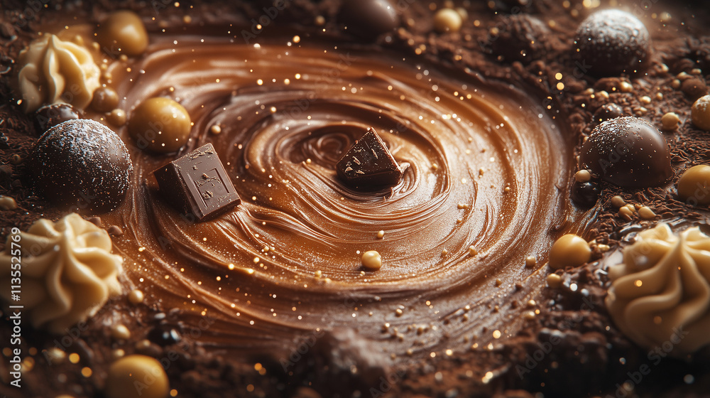 A dreamlike scene of a cosmic chocolate galaxy, where swirling chocolate nebulae blend with caramel stars and glowing nougat planets. A dreamlike scene of a cosmic chocolate galaxy, where swirling chocolate nebulae blend with caramel stars and glowing nougat planets.