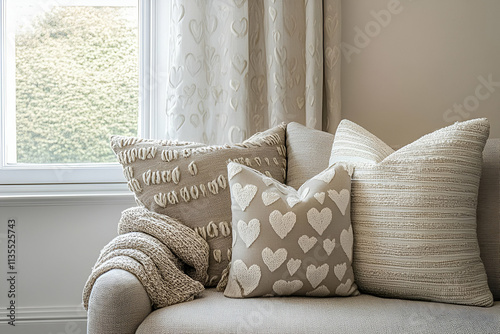 A cozy living room scene featuring decorative pillows and a soft throw on a light sofa.
