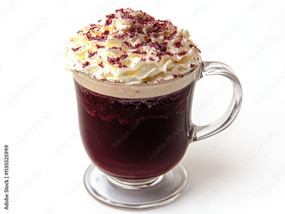A glass mug filled with a dark beverage topped with whipped cream and red sprinkles. A glass mug filled with a dark beverage topped with whipped cream and red sprinkles.