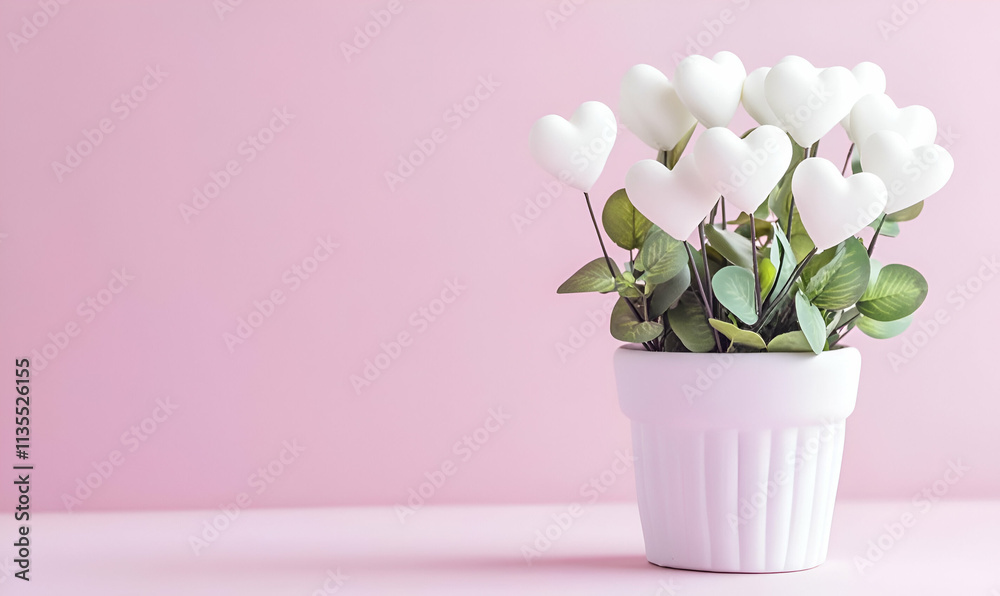 A decorative pot with heart-shaped flowers against a pink background. A decorative pot with heart-shaped flowers against a pink background.