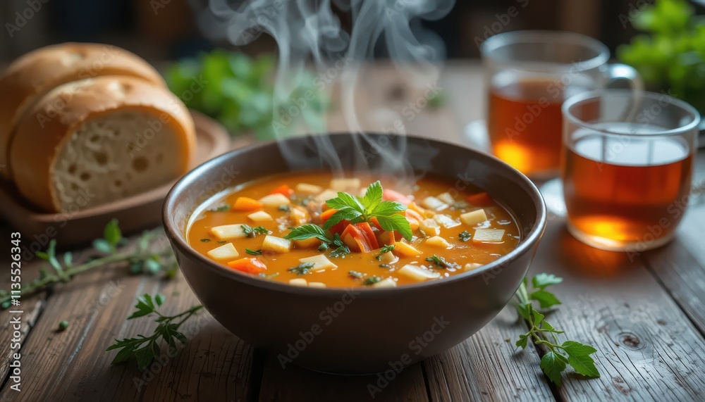 Hearty Vegetable Soup Steaming in a Bowl, Perfect for a Cozy Day Hearty Vegetable Soup Steaming in a Bowl, Perfect for a Cozy Day