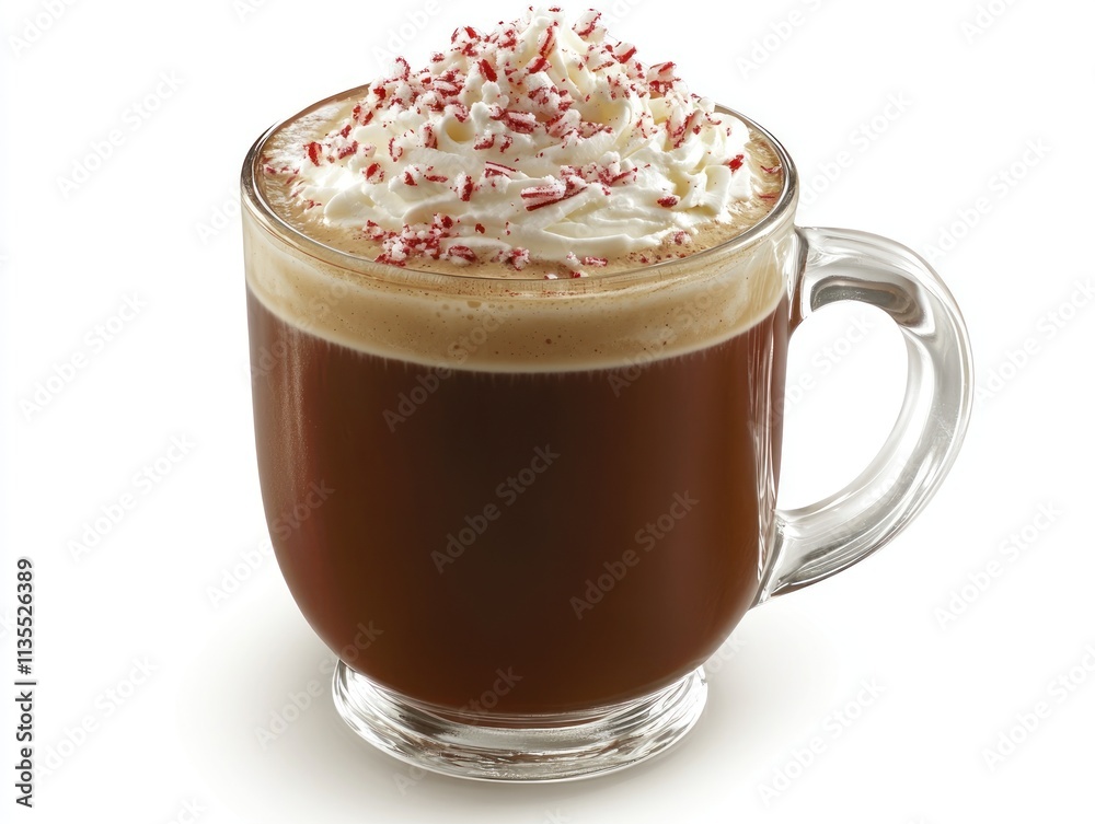 A festive coffee drink topped with whipped cream and crushed peppermint. A festive coffee drink topped with whipped cream and crushed peppermint.