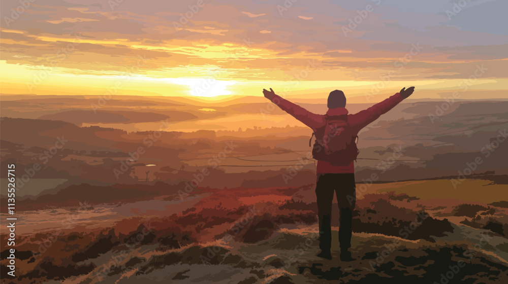 Fototapeta premium Silhouette of a Person Embracing a Sunrise Over Scenic Hills, Fresh Start and Sunrise Themes, New Year's day, New Year's Eve