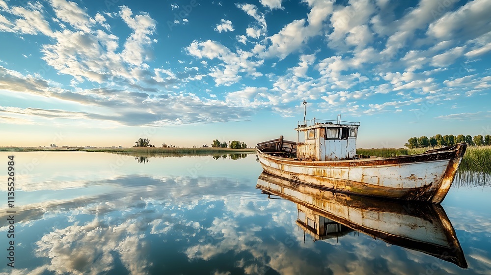 Abandoned fishing boat on calm lake. Tranquil landscape with clouds reflected in water. Concept of serenity, solitude, and nature. Abandoned fishing boat on calm lake. Tranquil landscape with clouds reflected in water. Concept of serenity, solitude, and nature.