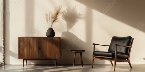 ミッドセンチュリーモダンなチェアと木製キャビネットのシンプルなインテリア | Simple Interior with Mid-Century Modern Chair and Wooden Cabinet