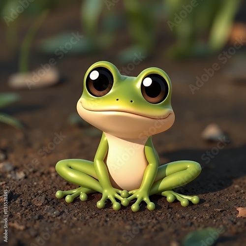 there is a small toy frog sitting on the ground. photo