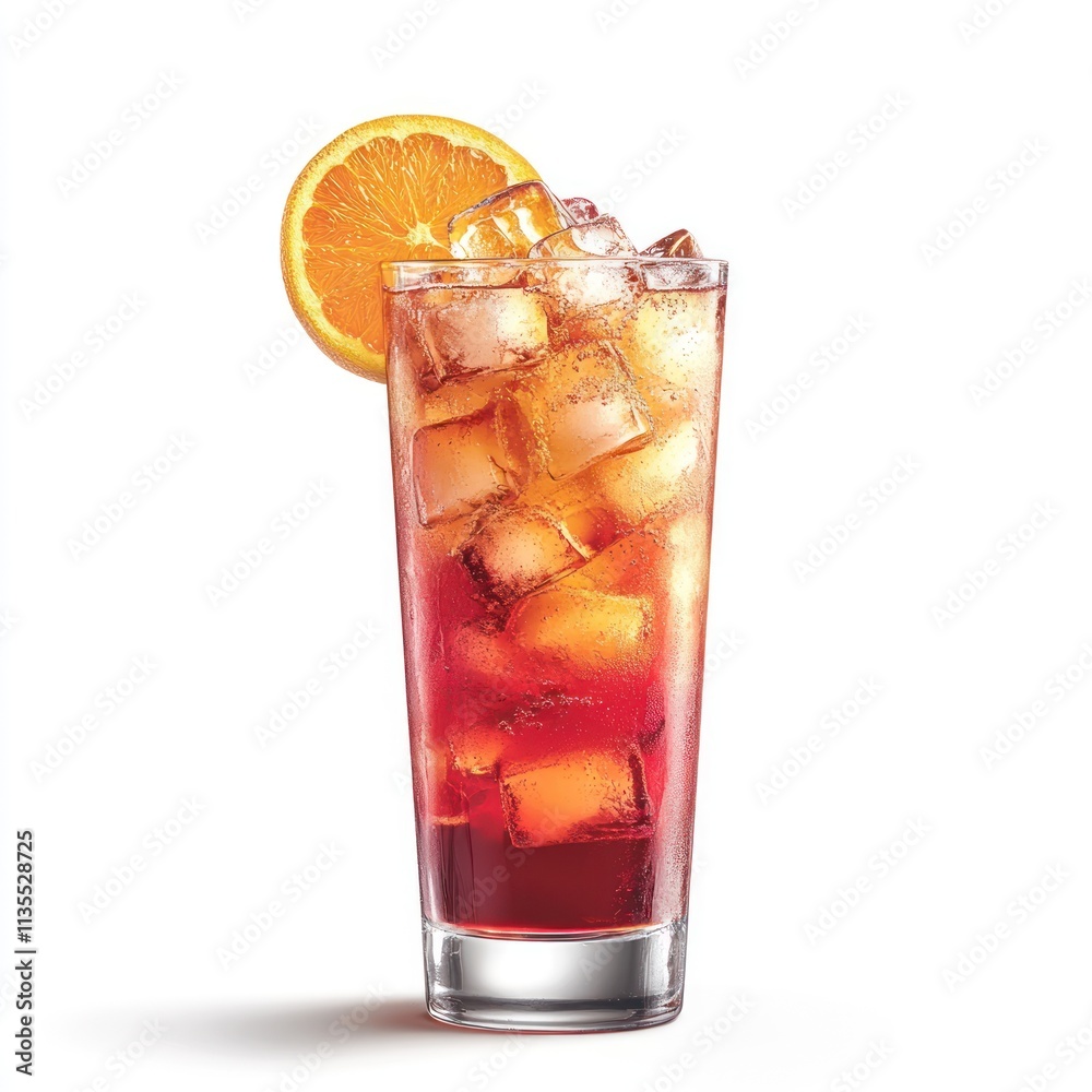 A refreshing iced tea beverage with ice cubes and an orange slice garnish. A refreshing iced tea beverage with ice cubes and an orange slice garnish.