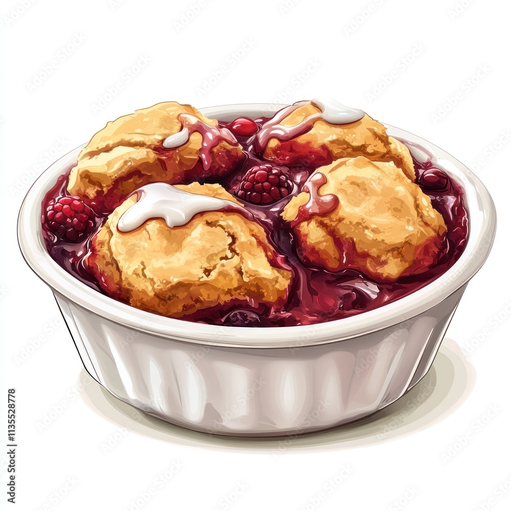 A bowl of berry cobbler topped with biscuit-like dumplings and drizzled with cream. A bowl of berry cobbler topped with biscuit-like dumplings and drizzled with cream.
