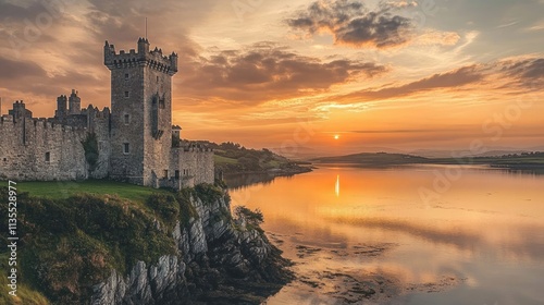 Majestic Castle at Sunset: A breathtaking view of Dunguaire Castle, Ireland, bathed in the golden light of the setting sun. photo