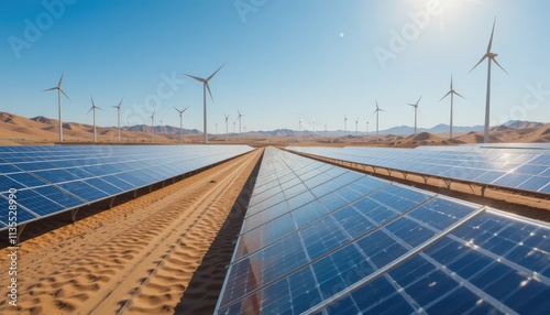 Vast Solar and Wind Farm in a Desert Landscape