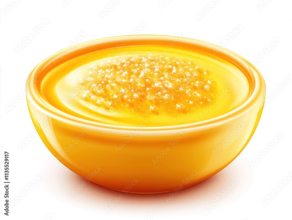 A bowl of creamy yellow dessert topped with sparkling sugar crystals. A bowl of creamy yellow dessert topped with sparkling sugar crystals.