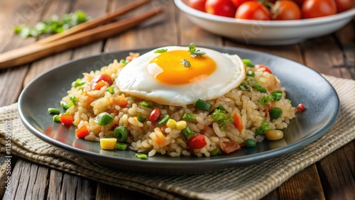 Plate of delicious fried rice with a homemade fried egg on top, fried rice, homemade, fried egg, plate, delicious, meal