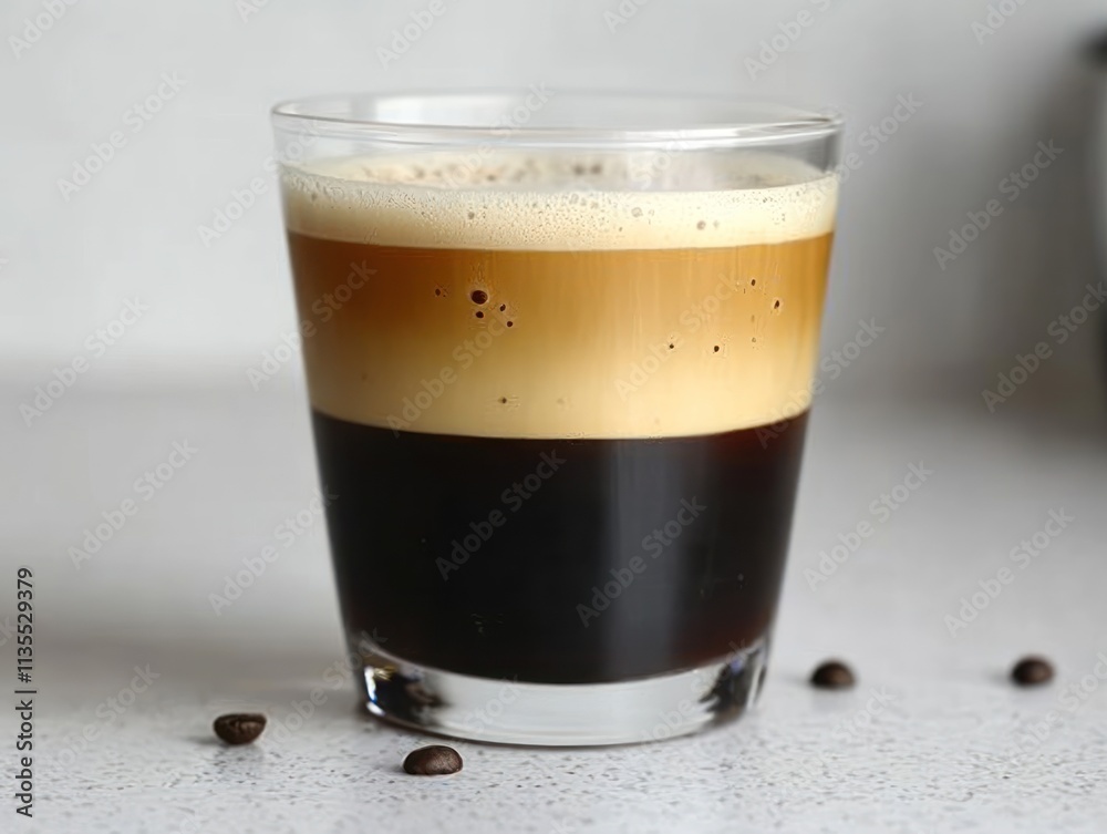 A layered coffee drink showcasing dark espresso and creamy froth in a clear glass. A layered coffee drink showcasing dark espresso and creamy froth in a clear glass.