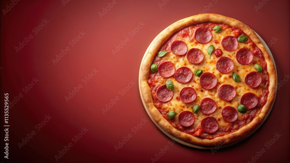Delicious pizza topped with salami on a vibrant red background, pizza, salami, food, Italian cuisine, tomato sauce Delicious pizza topped with salami on a vibrant red background, pizza, salami, food, Italian cuisine, tomato sauce