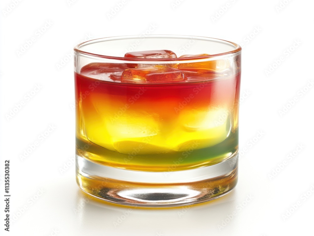 A colorful layered drink with ice in a glass, showcasing vibrant hues. A colorful layered drink with ice in a glass, showcasing vibrant hues.