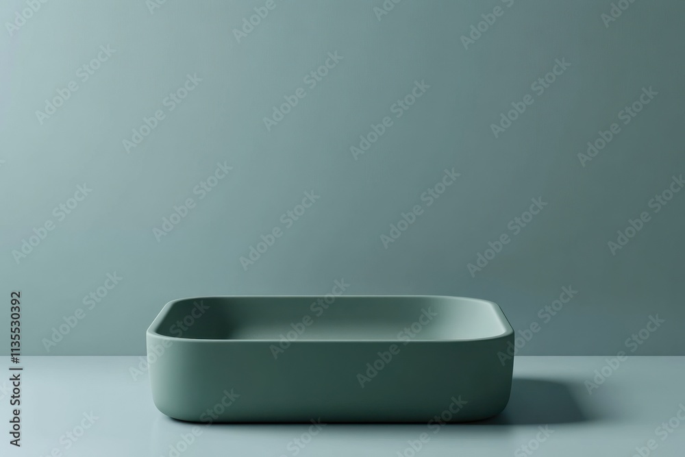 Minimalist light teal rectangular basin on muted tabletop. Minimalist light teal rectangular basin on muted tabletop.