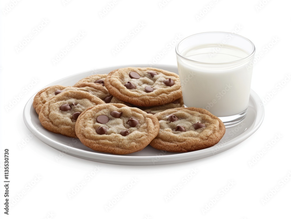A plate of chocolate chip cookies next to a glass of milk, ideal for snacks or dessert. A plate of chocolate chip cookies next to a glass of milk, ideal for snacks or dessert.