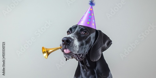Party dog with hat and horn.