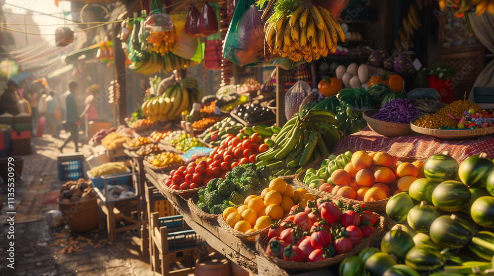 A vibrant market stall overflowing with exotic fruits, colorful vegetables, and aromatic spices, set under warm sunlight with a bustling background of people and shops. A vibrant market stall overflowing with exotic fruits, colorful vegetables, and aromatic spices, set under warm sunlight with a bustling background of people and shops.