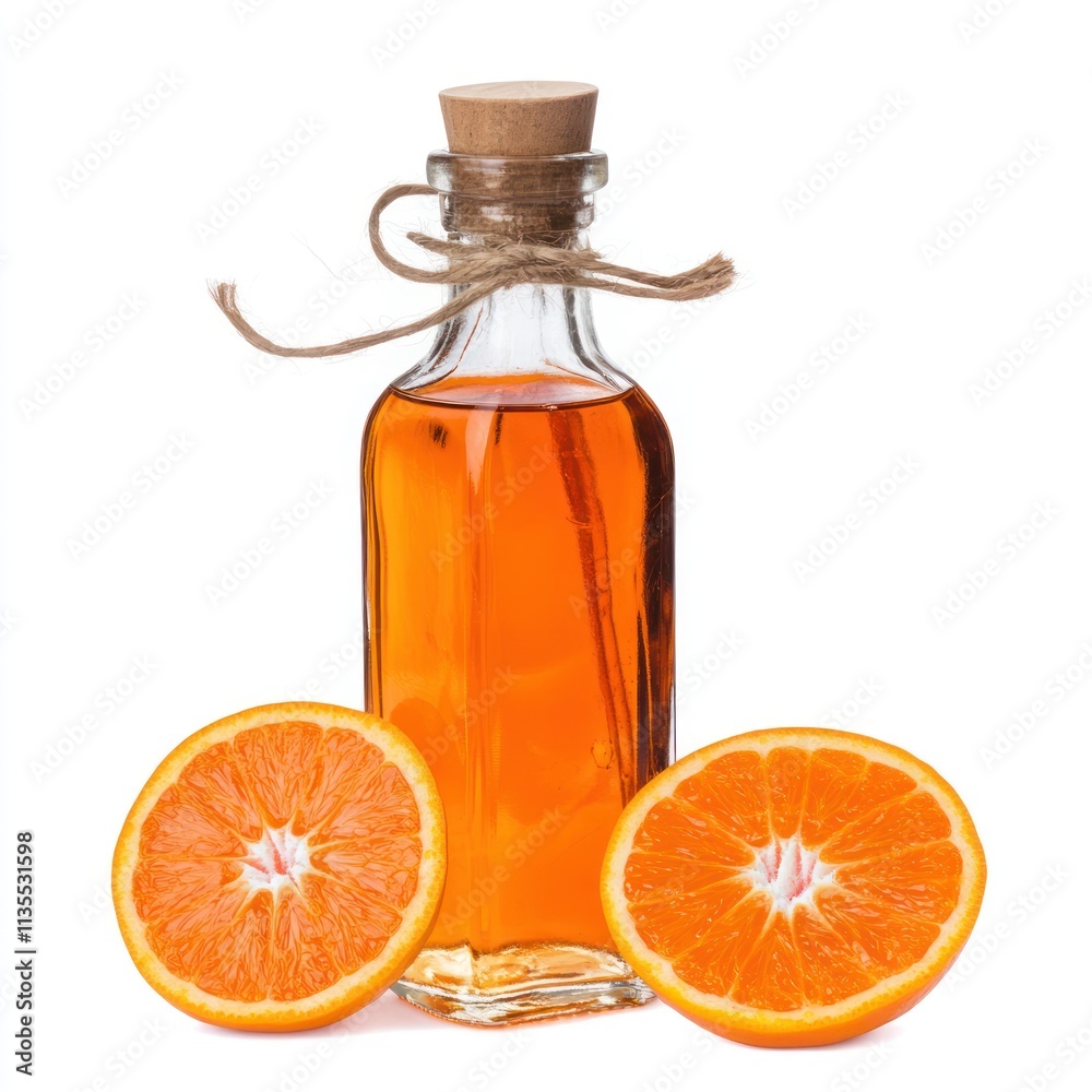A glass bottle of orange oil with two halved oranges beside it. A glass bottle of orange oil with two halved oranges beside it.