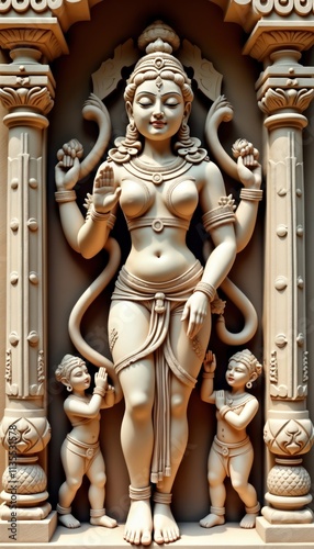 Ancient stone sculpture of Hindu deity. Exquisite carving. Deity with many arms, decorative ornaments. Small figures flanking main figure. Intricate details on temple wall relief. Hinduism art, photo