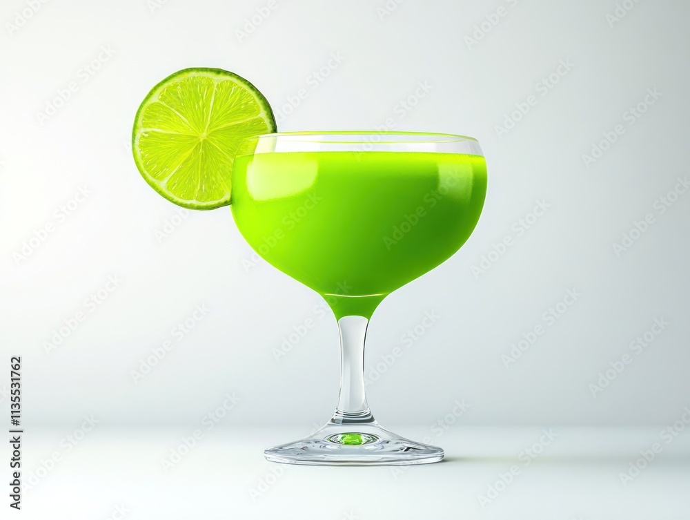 A vibrant green cocktail garnished with a lime slice in an elegant glass. A vibrant green cocktail garnished with a lime slice in an elegant glass.