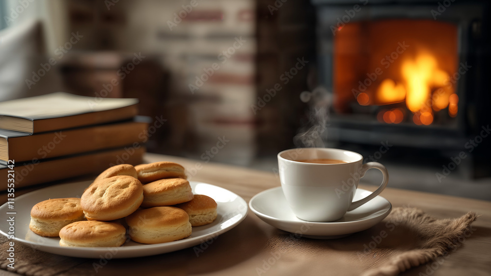 Warm Indoor Tea Scene by the Fireplace Warm Indoor Tea Scene by the Fireplace