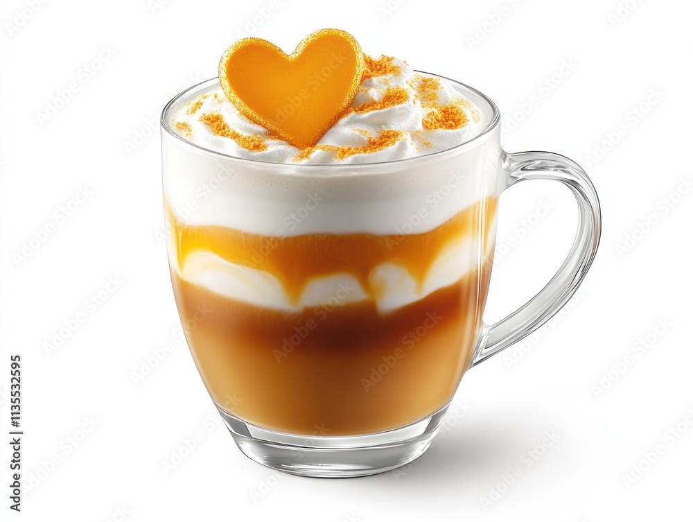 A creamy coffee drink topped with whipped cream and a heart-shaped garnish. A creamy coffee drink topped with whipped cream and a heart-shaped garnish.