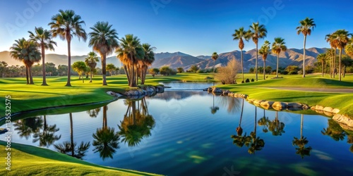 Tranquil water feature on a Palm Desert golf course, golf course, Palm Desert, water feature, pond, greenery, lush