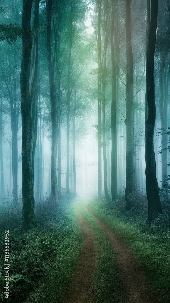 Naklejka premium Ethereal Misty Forest Phone Wallpaper with Soft Greens, Blues, and Purples
