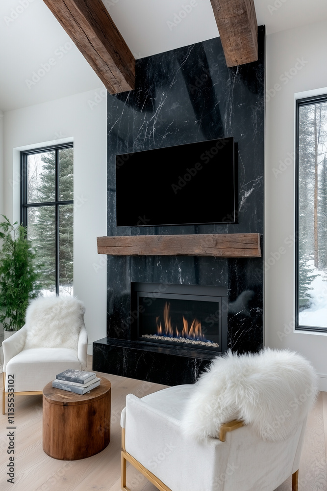Modern Living Room with Black Marble Fireplace and Wood Mantel Modern Living Room with Black Marble Fireplace and Wood Mantel