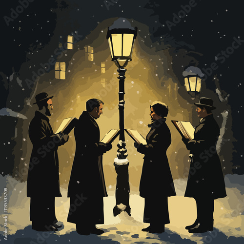 Silhouette of Neighborhood Carolers Singing Under Snowy Streetlights, Neighborhood Caroling Group, Christmas day, New Year's Eve, Happy New Year