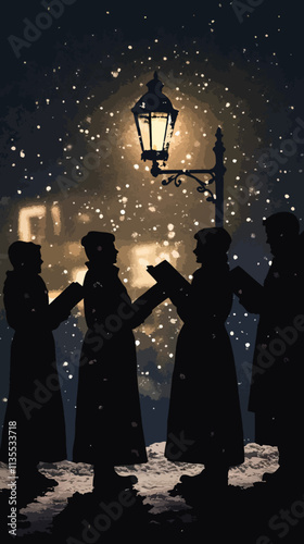Silhouette of Neighborhood Carolers Singing Under Snowy Streetlights, Neighborhood Caroling Group, Christmas day, New Year's Eve, Happy New Year