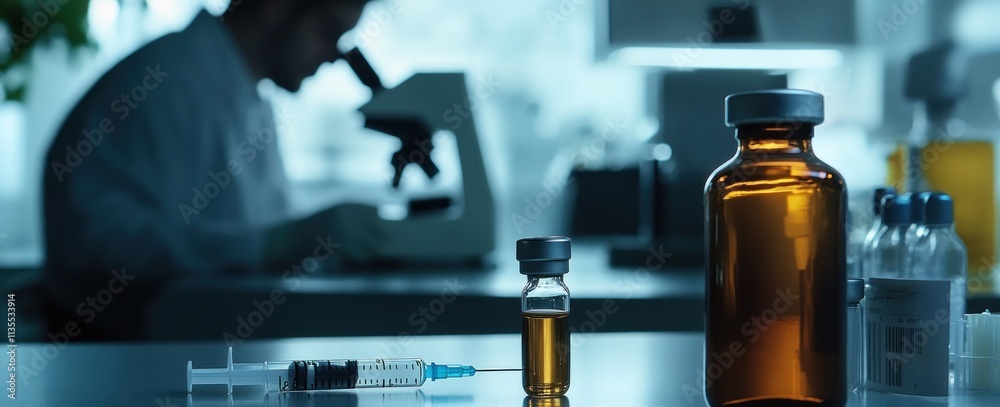 Scientist studying with microscope and medicine vials on table. Scientist studying with microscope and medicine vials on table.