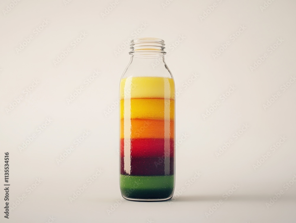 A glass bottle filled with layered colorful liquids resembling a rainbow effect.