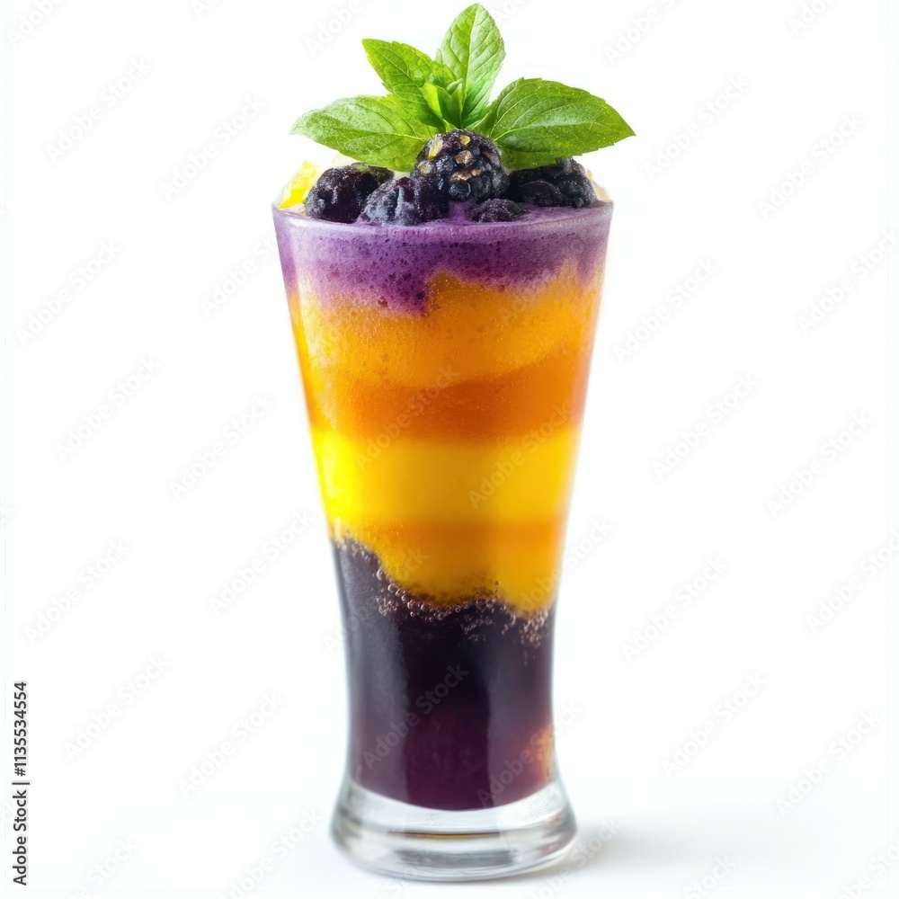 A colorful layered smoothie in a tall glass, topped with mint and blackberries. A colorful layered smoothie in a tall glass, topped with mint and blackberries.