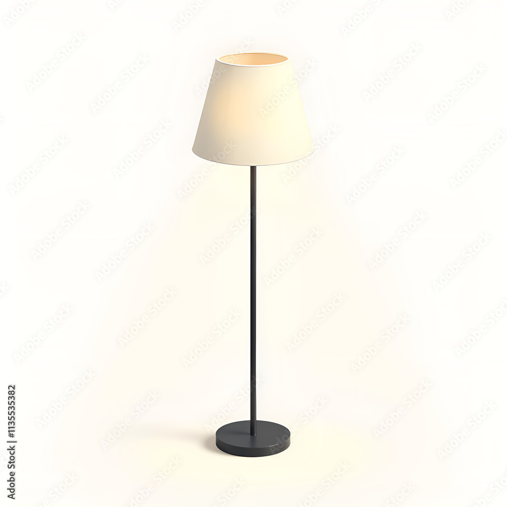 Minimalist floor lamp with soft white shade and sleek black base for modern interiors, 3d rendering of product photography concept. Minimalist floor lamp with soft white shade and sleek black base for modern interiors, 3d rendering of product photography concept.